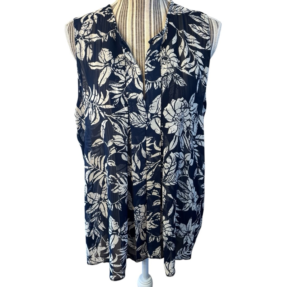 Lumiere Blouse Large Navy Blue White Tropical Floral Sleeveless Tunic Semi-Sheer